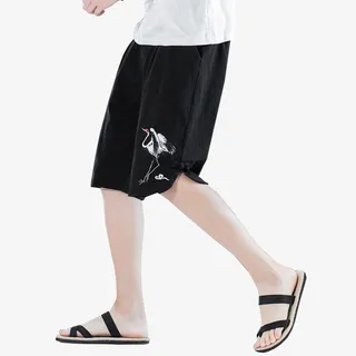 亚麻五分裤哈伦裤刺绣棉麻短裤免抠