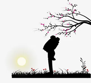 夕阳下的情侣剪影免抠