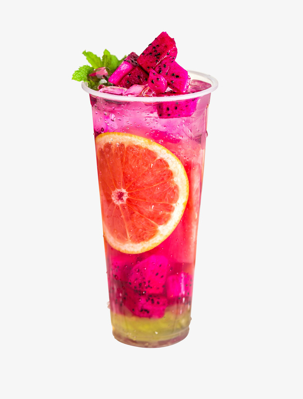 红色的火龙果水果茶免抠