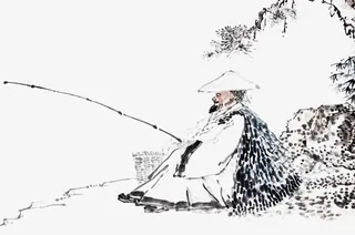 带斗笠老翁垂钓免抠