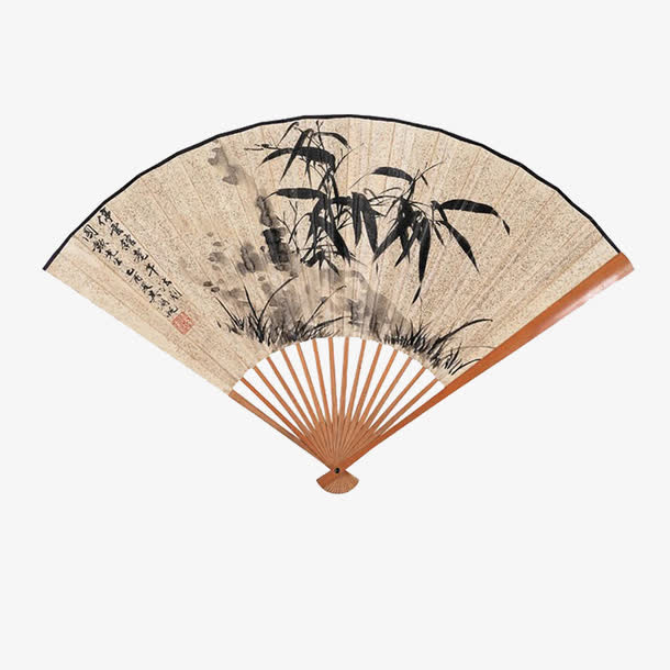 水墨竹韵工笔画折扇免抠