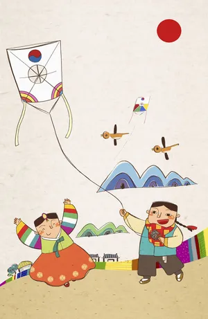手绘卡通插画放风筝平面广告高清