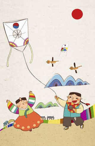 手绘卡通插画放风筝平面广告高清