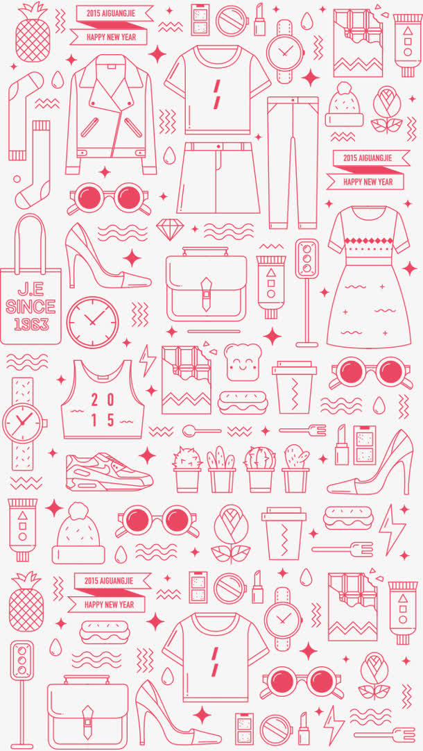 手绘红色线条鞋子衣服大集合免抠