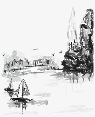 色块构图水墨山水画免抠