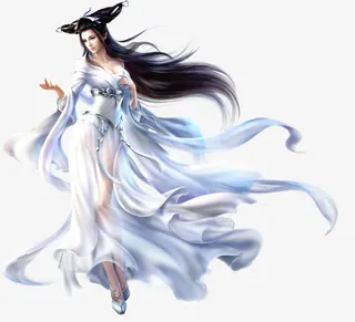 手绘游戏人物白衣长发美女免抠