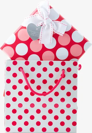 圆形红色斑点礼盒手绘人物免抠