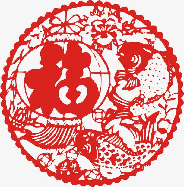 中国风福字圆形剪纸免抠