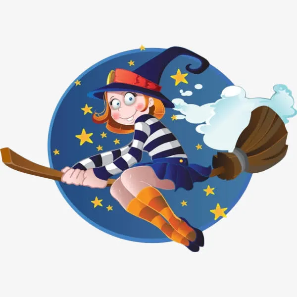 卡通小女巫坐在魔法扫帚上免抠