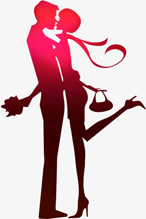 红色情侣剪影手绘人物免抠