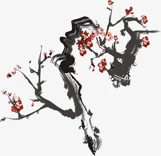 红色梅花毛笔手绘艺术免抠