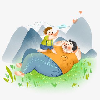 手绘动漫卡通父子父亲节野外玩耍免抠