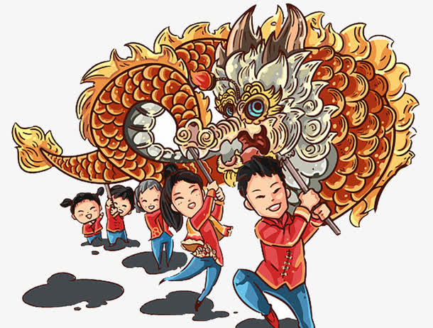 狗年春节舞龙传统插画免抠