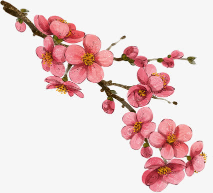 红色古典水墨花朵桃花免抠