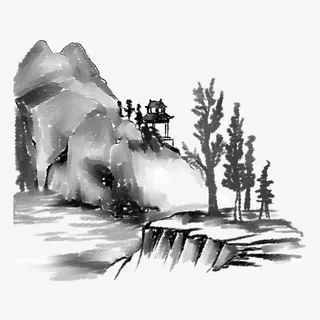 手绘山石水墨亭台元素免抠