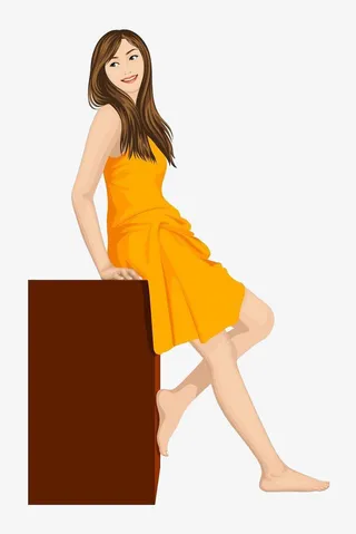 坐大箱子上的长发美女侧影图案免抠