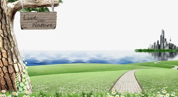 湖泊草地大树背景素材