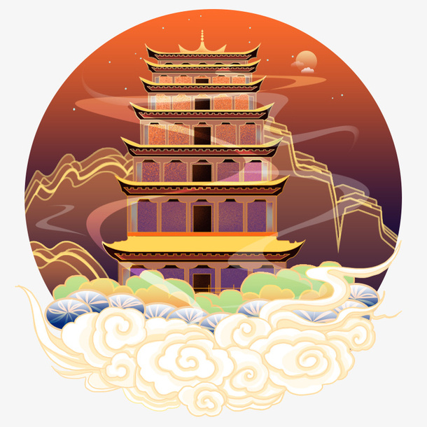 云端楼阁插画免抠