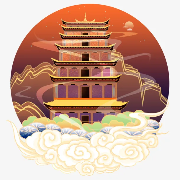 云端楼阁插画免抠