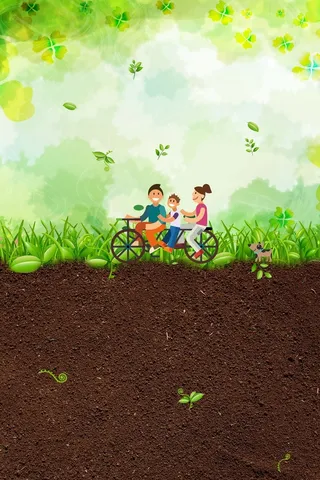 春天土地发芽春游一家人自行车绿色广告背景高清