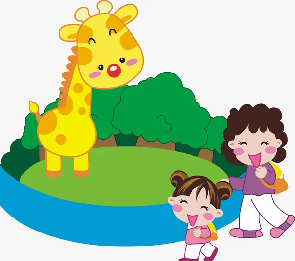 手绘母女看动物场景图免抠