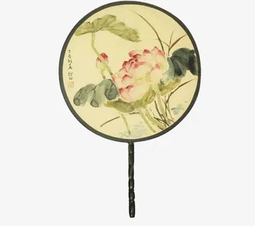 圆形黑边荷花植物扇子免抠