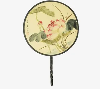 圆形黑边荷花植物扇子免抠