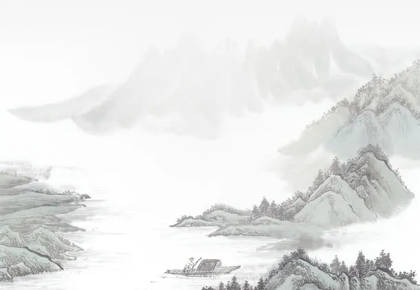 灰色水墨画山水画中秋免抠