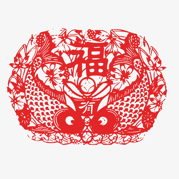 卡通红色福字剪纸矢量图免抠