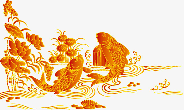 中国风红色鲤鱼荷花免抠