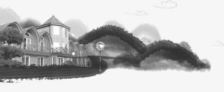 水墨画山间别墅端午免抠