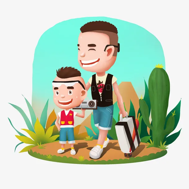 手绘动漫父子一起去旅行免抠