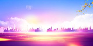 紫色天空银杏树枝光效背景图高清