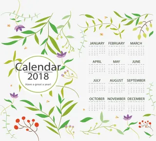 绿色树枝花纹日历模板免抠