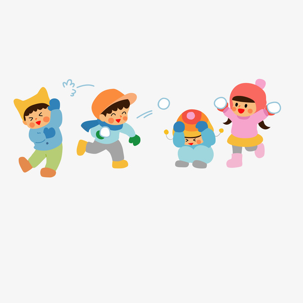 冬天四个可爱小朋友在打雪仗矢量免抠