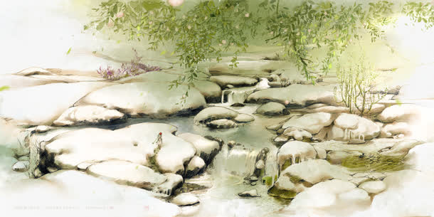 唯美古风水彩插画溪流免抠