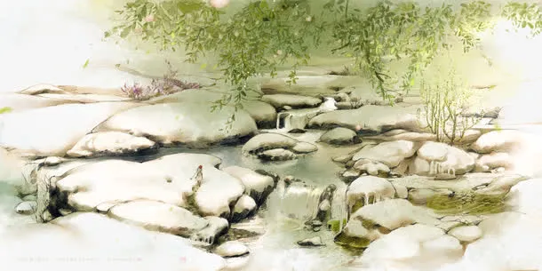 唯美古风水彩插画溪流免抠
