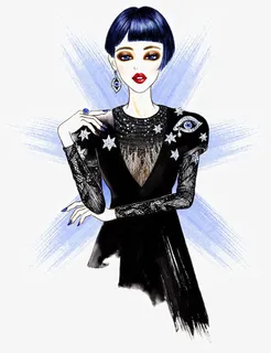 典雅黑衣女郎插画免抠