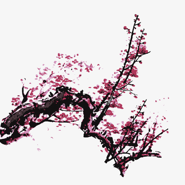 玫红色中国风桃花装饰图案免抠