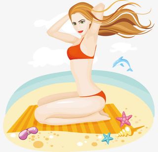 卡通手绘沙滩上眼镜比基尼美女免抠