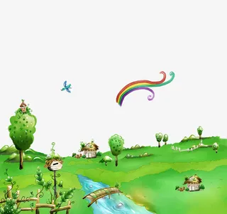  春天的风景小河流插画免抠