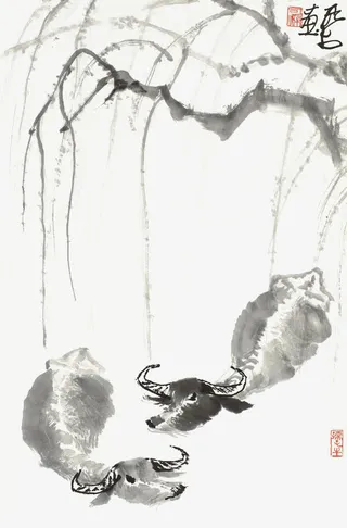 国画柳牛图免抠