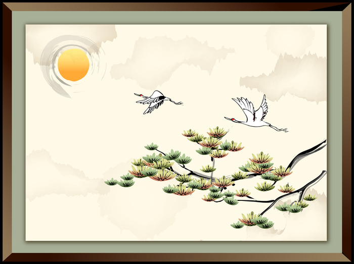 松鹤延年吉祥水墨年画矢量背景素材高清