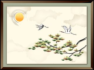 松鹤延年吉祥水墨年画矢量背景素材高清