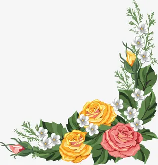 手绘粉黄色花朵绿叶免抠