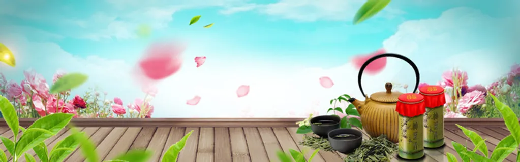 春茶节文艺浪漫花瓣渐变蓝色banner高清