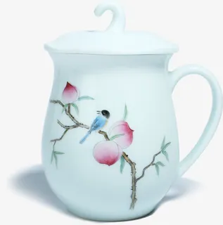 手绘粉色花朵鸟儿杯子免抠
