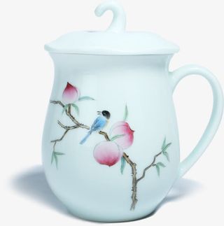 手绘粉色花朵鸟儿杯子免抠