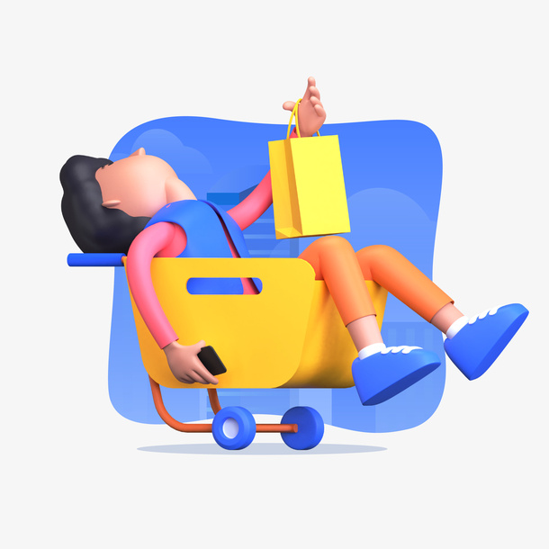 C4D男孩购物车购物袋免抠