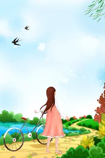 蓝色手绘春天桃花节春季踏青人物背景高清